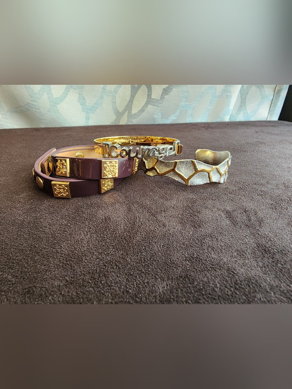 Rustic Cuff Bracelet Set of 3 Courage Bangle Burgundy Leather Wrap Giraffe Print